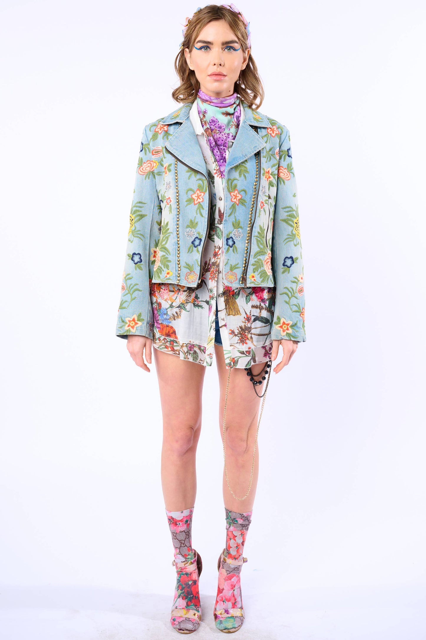 Aratta Lucinda Embroidered Denim Motorcycle Jacket