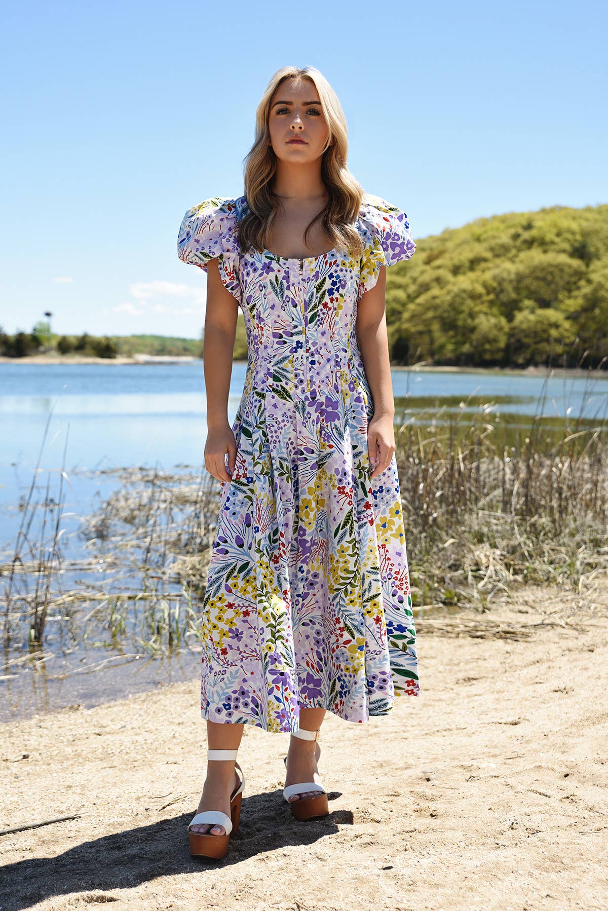 Jessie Zhao Purple Garden Scoop Neck Cotton Midi Dress