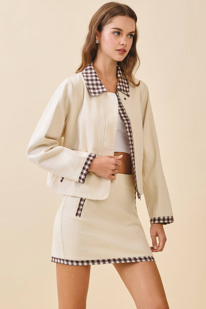 Contrast Gingham Trim Front Zipper Collared Jacket