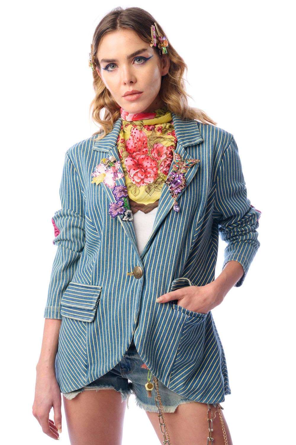 Aratta Alaia Stripe Denim Blazer with Lapel Embellishments