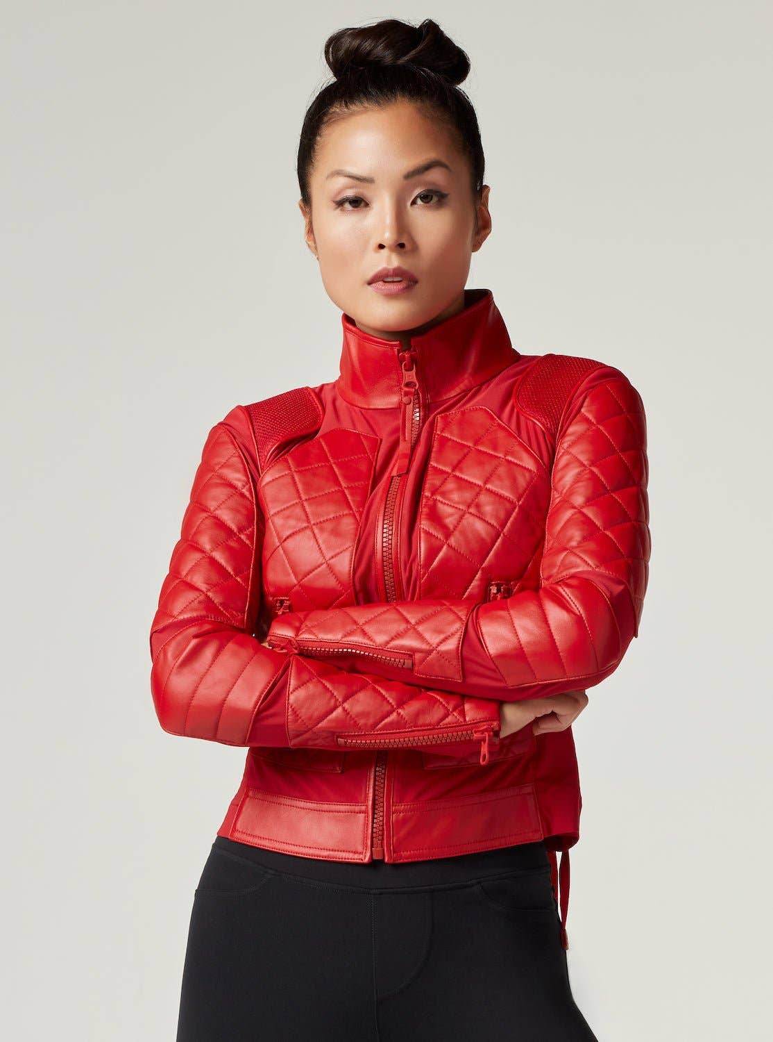 Blanc Noir Classic Red Leather Mesh Moto Jacket