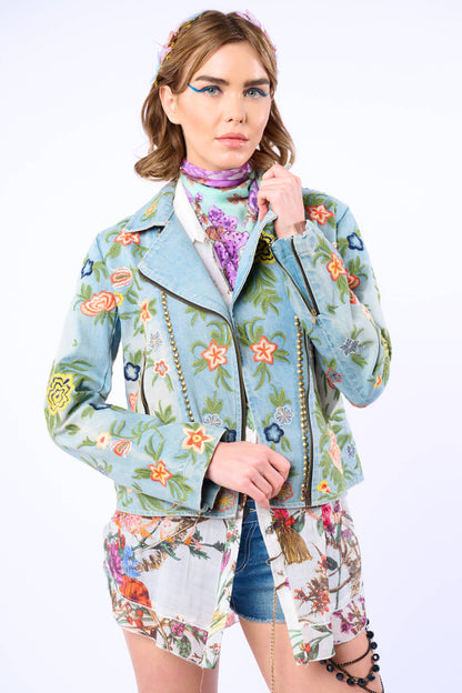 Aratta Lucinda Embroidered Denim Motorcycle Jacket
