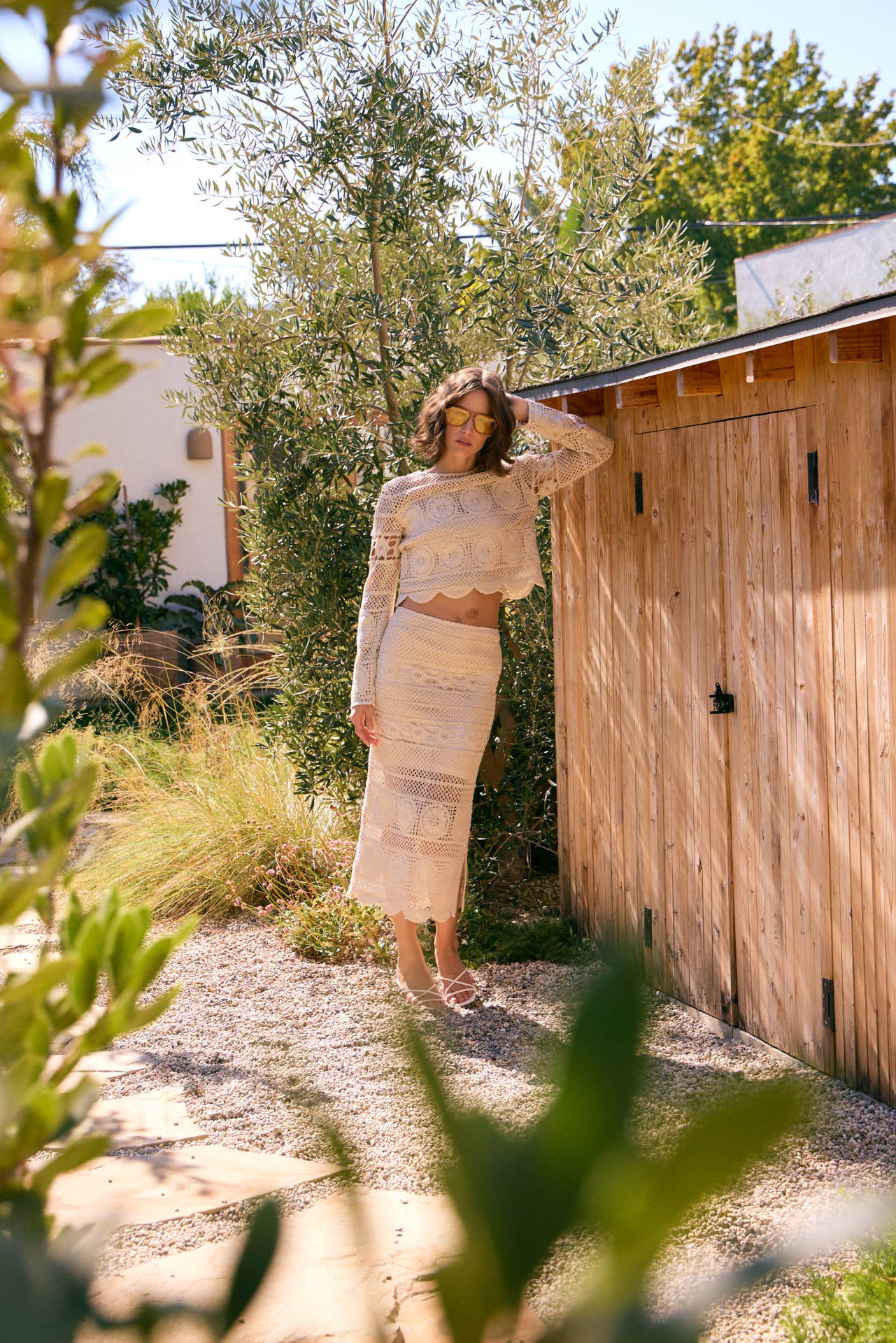 FLORAL SHEER CROCHET TOP AND SKIRT SET WITH SCALLOP HEM