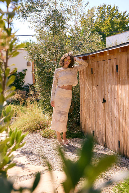 FLORAL SHEER CROCHET TOP AND SKIRT SET WITH SCALLOP HEM