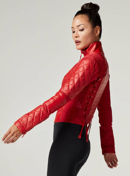 Blanc Noir Classic Red Leather Mesh Moto Jacket
