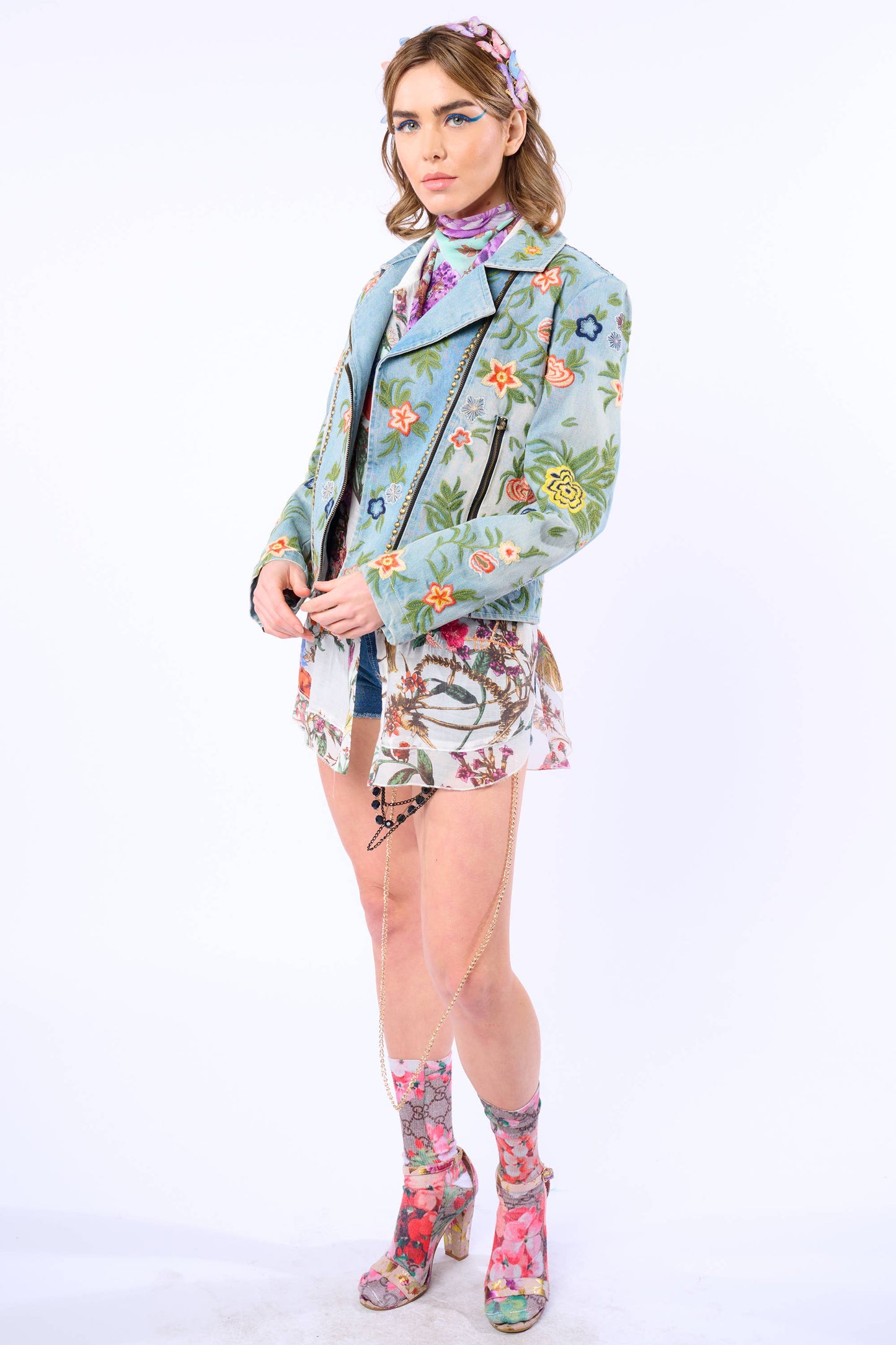 Aratta Lucinda Embroidered Denim Motorcycle Jacket