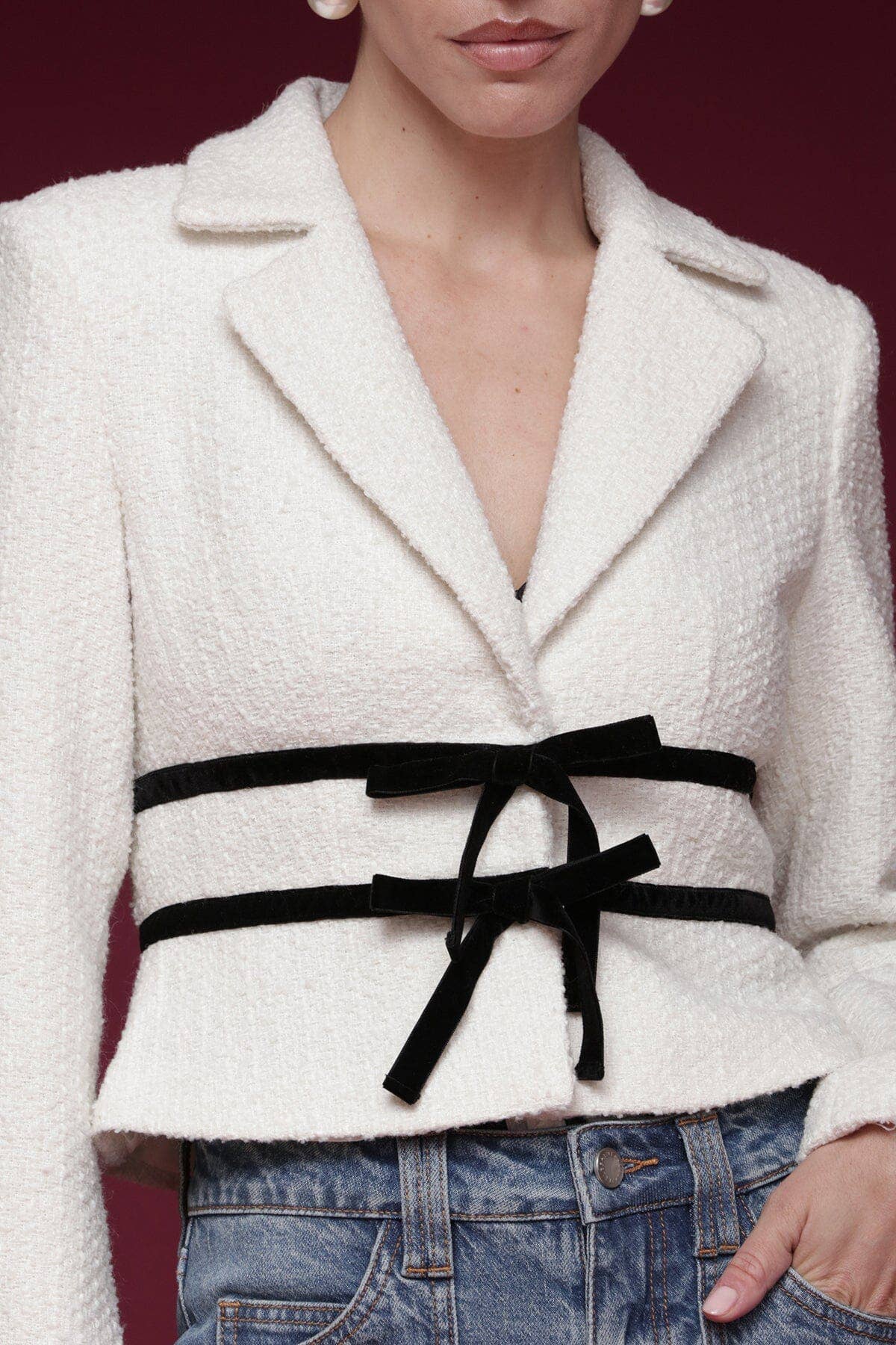 Avec les Filles Velvet Bow Trim Tweed Jacket