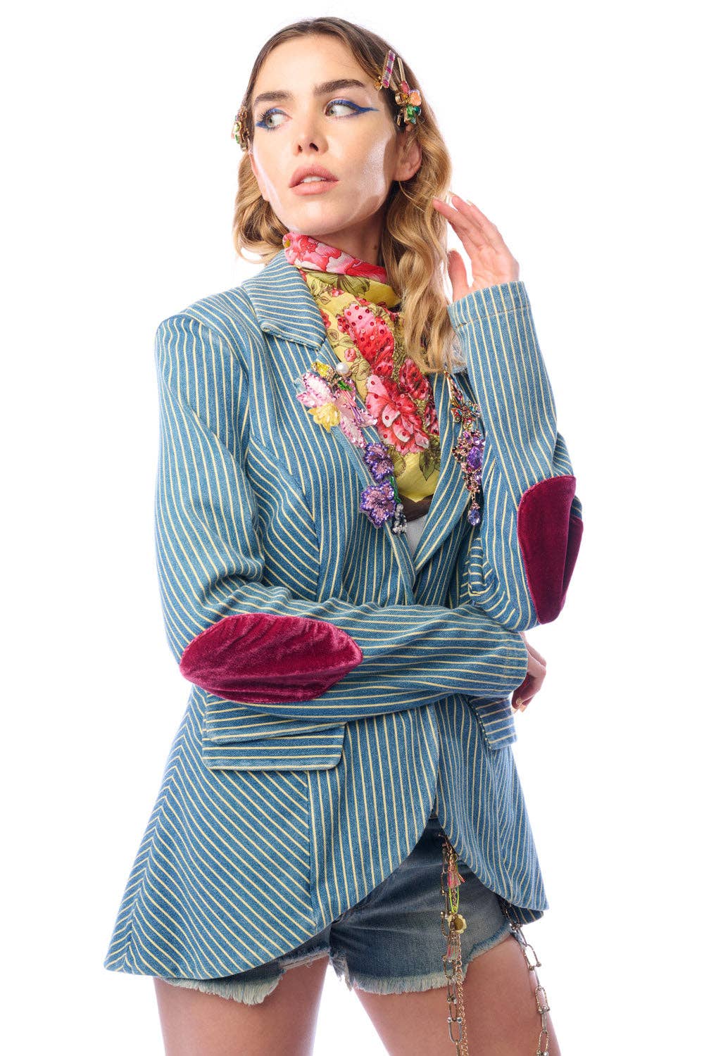 Aratta Alaia Stripe Denim Blazer with Lapel Embellishments