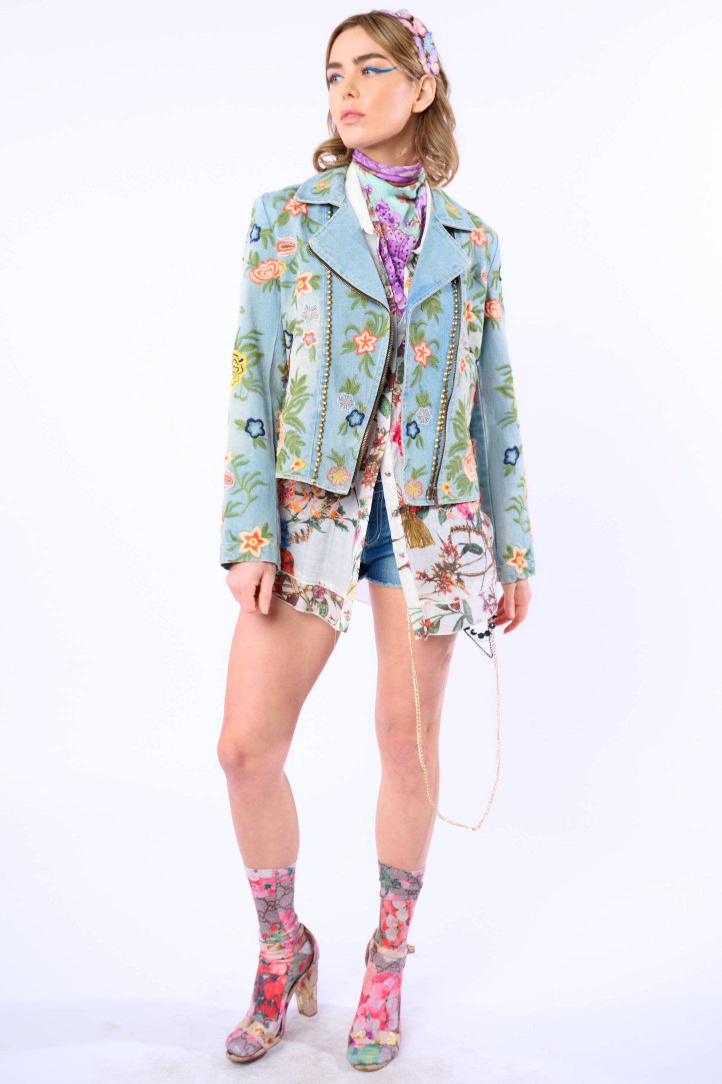 Aratta Lucinda Embroidered Denim Motorcycle Jacket