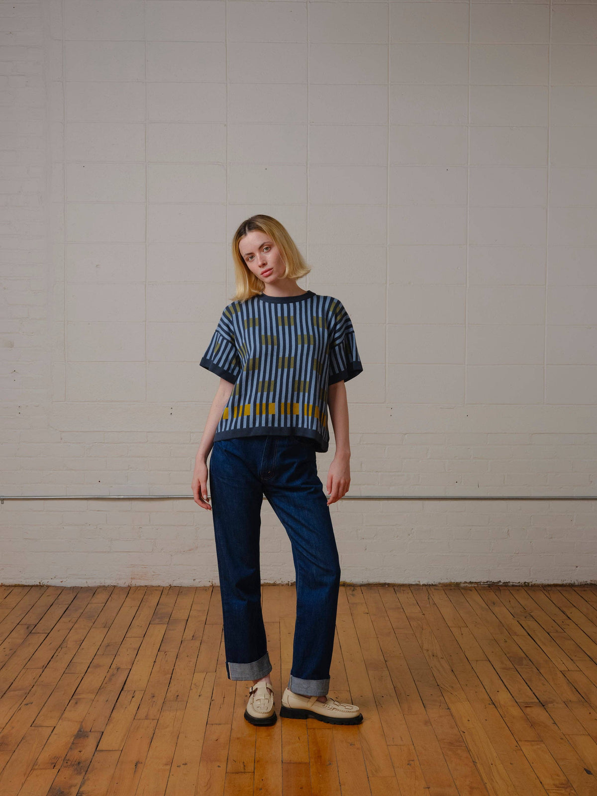 The Endery Bauhaus Short Sleeve Sweater Tee in the Lazurite Palette
