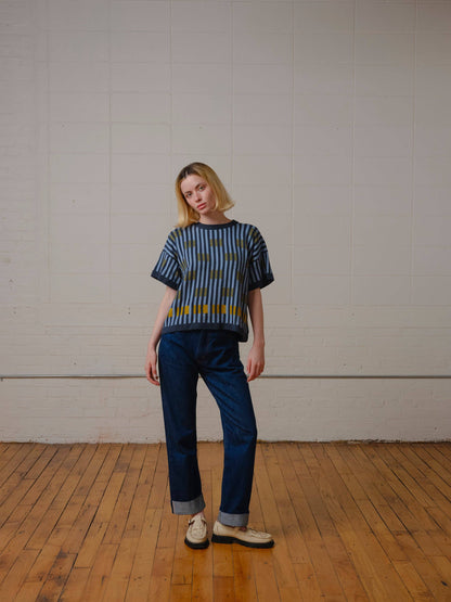 The Endery Bauhaus Short Sleeve Sweater Tee in the Lazurite Palette