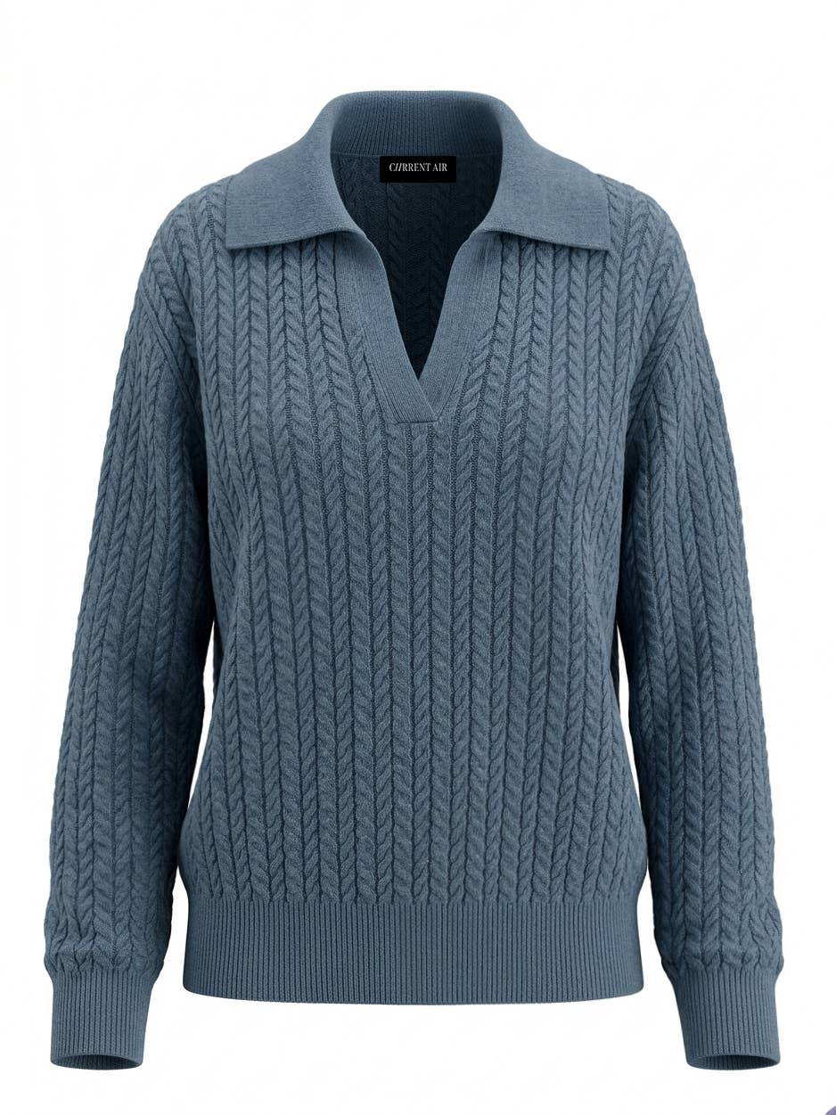 Current Air Open Collar Pullover Cable Knit Sweater