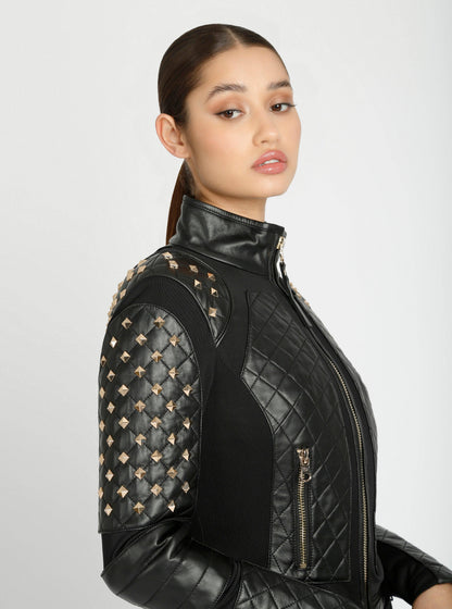 Blanc Noir Pyramid Stud Mesh Genuine Leather Moto Jacket