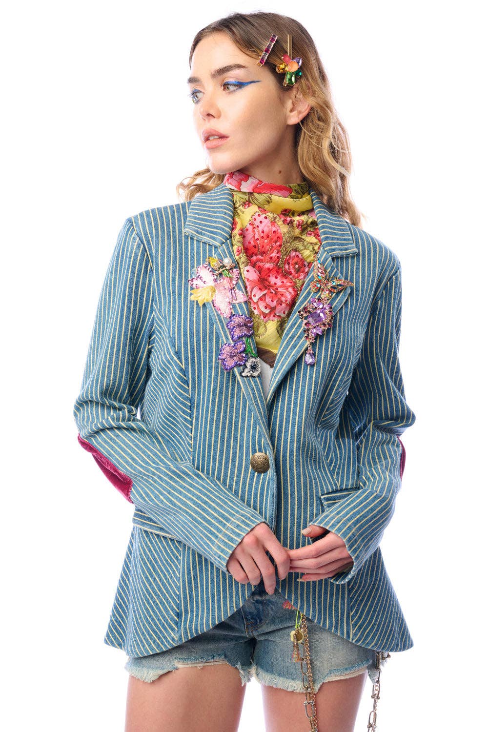 Aratta Alaia Stripe Denim Blazer with Lapel Embellishments