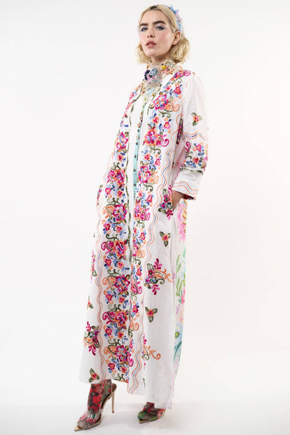 Aratta Beauty Mark Maxi Duster- White | Floral Coat Dress