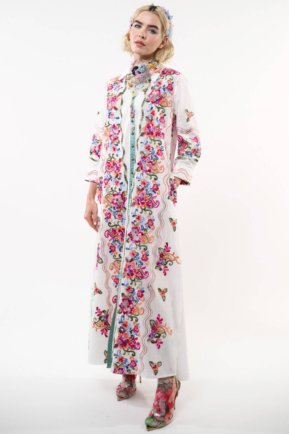 Aratta Beauty Mark Maxi Duster- White | Floral Coat Dress