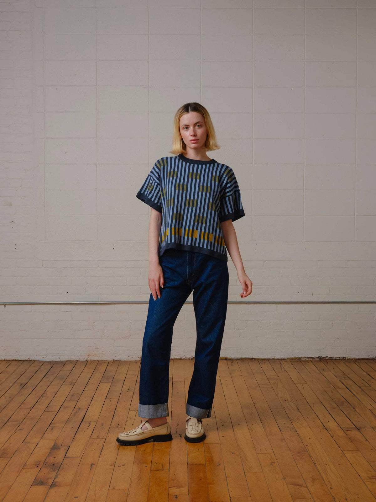 The Endery Bauhaus Short Sleeve Sweater Tee in the Lazurite Palette