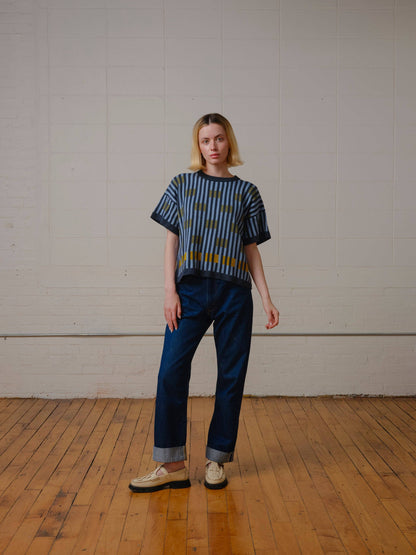 The Endery Bauhaus Short Sleeve Sweater Tee in the Lazurite Palette
