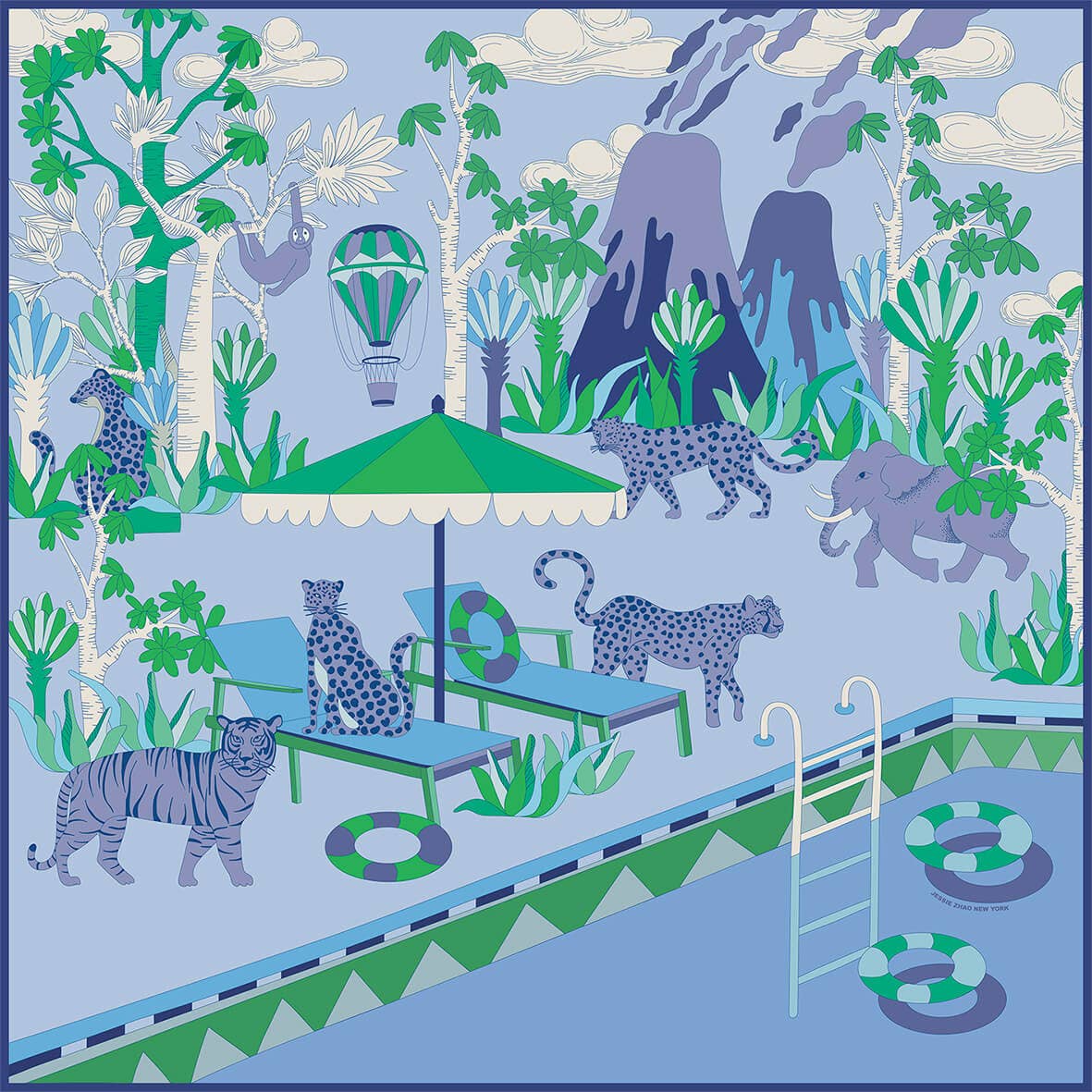 Jessie Zhao Double Sided Silk Scarf Jungle Party