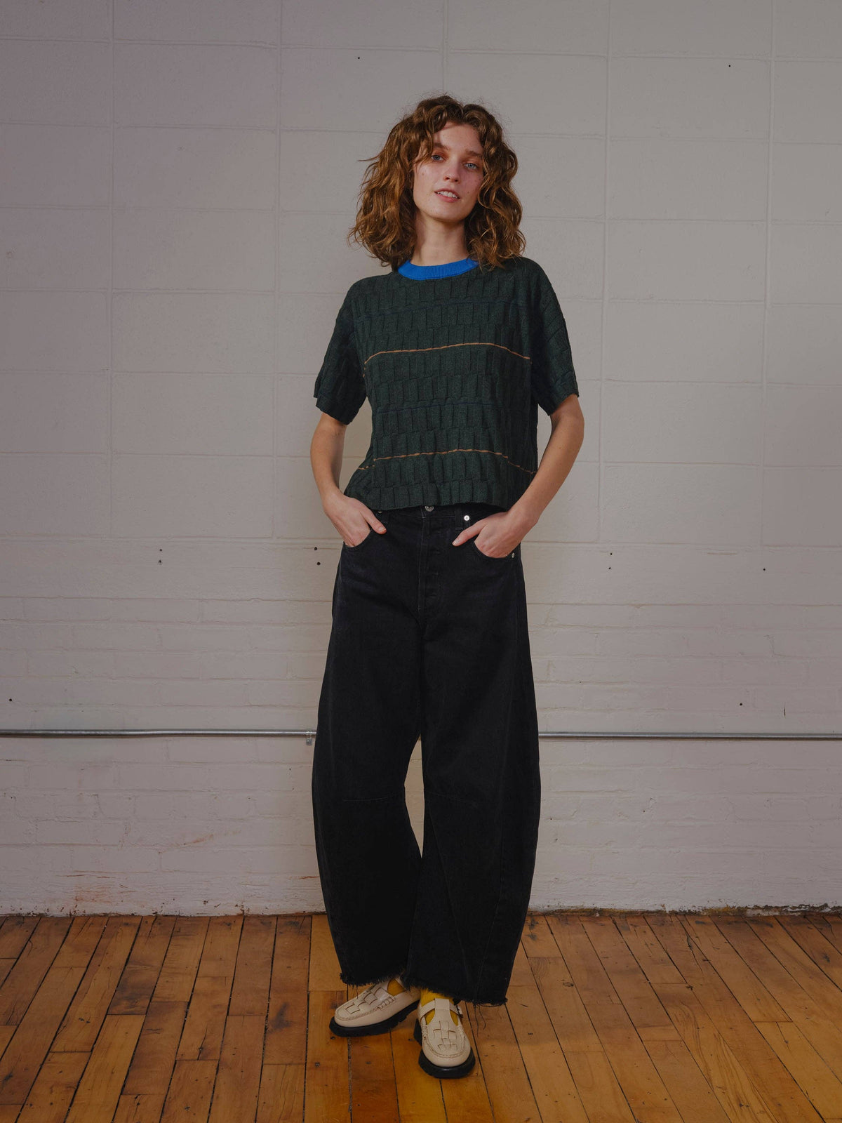 The Endery Wiggle Stripe Knit Grid Tee in the Calathea Palette