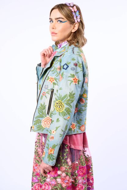 Aratta Lucinda Embroidered Denim Motorcycle Jacket