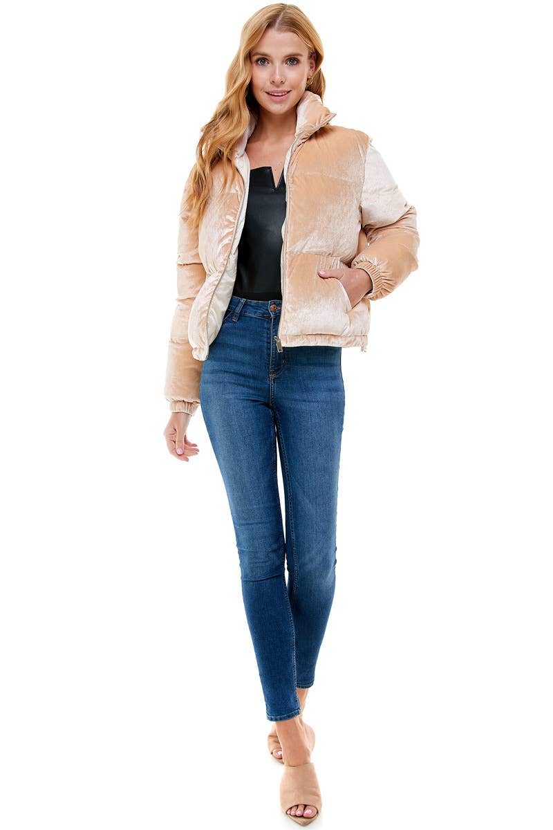 Beige Velvet Puffer Jacket