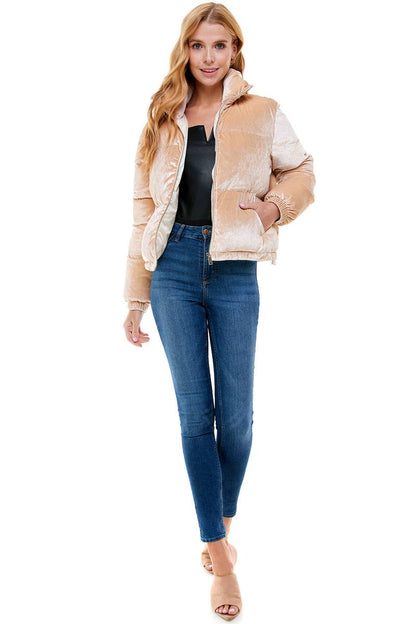Beige Velvet Puffer Jacket