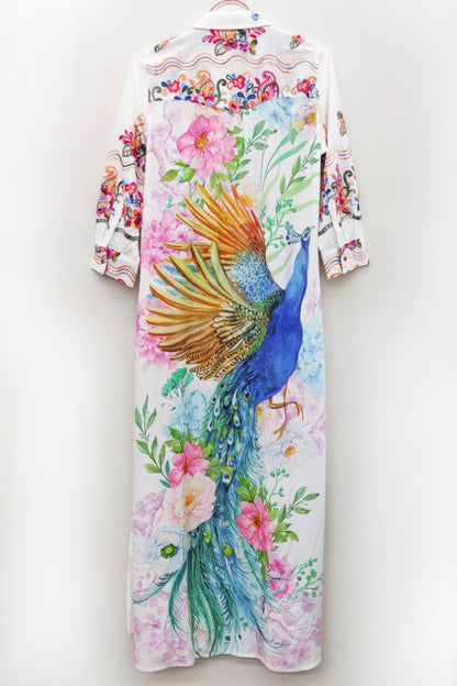 Aratta Beauty Mark Maxi Duster- White | Floral Coat Dress