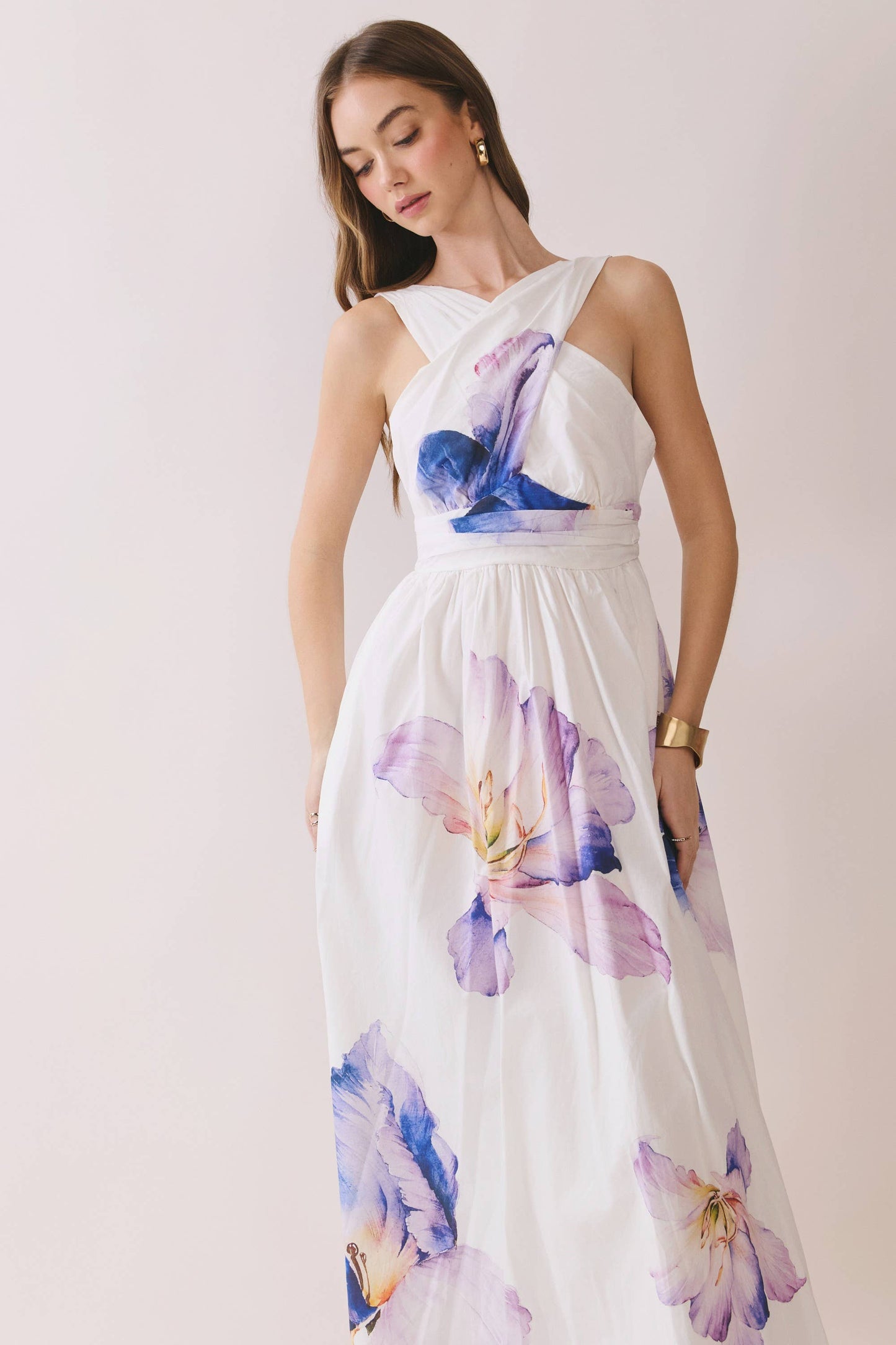 Floral Print Cross Halter Neck Midi Dress
