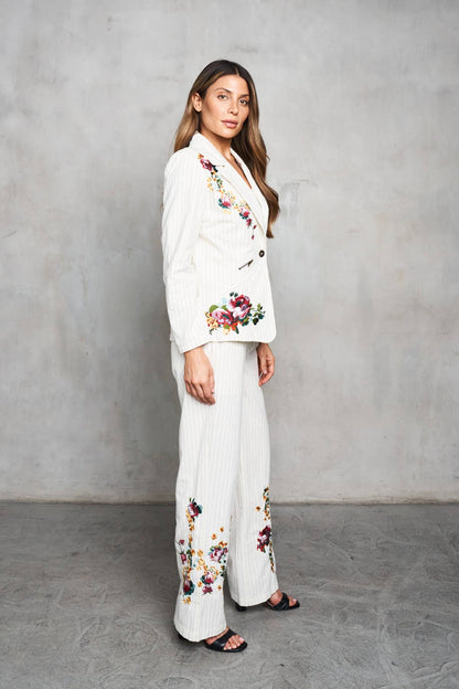 Paparazzi Woven Yarn Dyed Embroided Pin Stripe Blazer And Pants Set