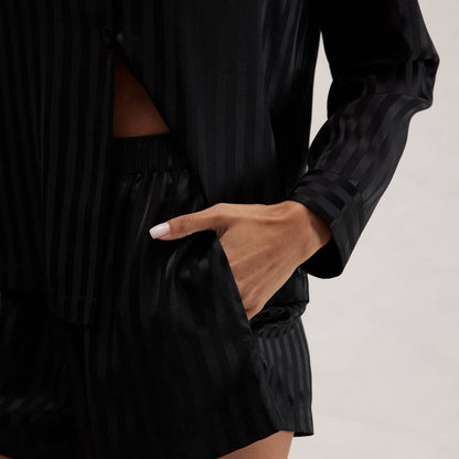 Lunya Washable Silk Striped Jacquard Button Up Long Sleeve Short Set