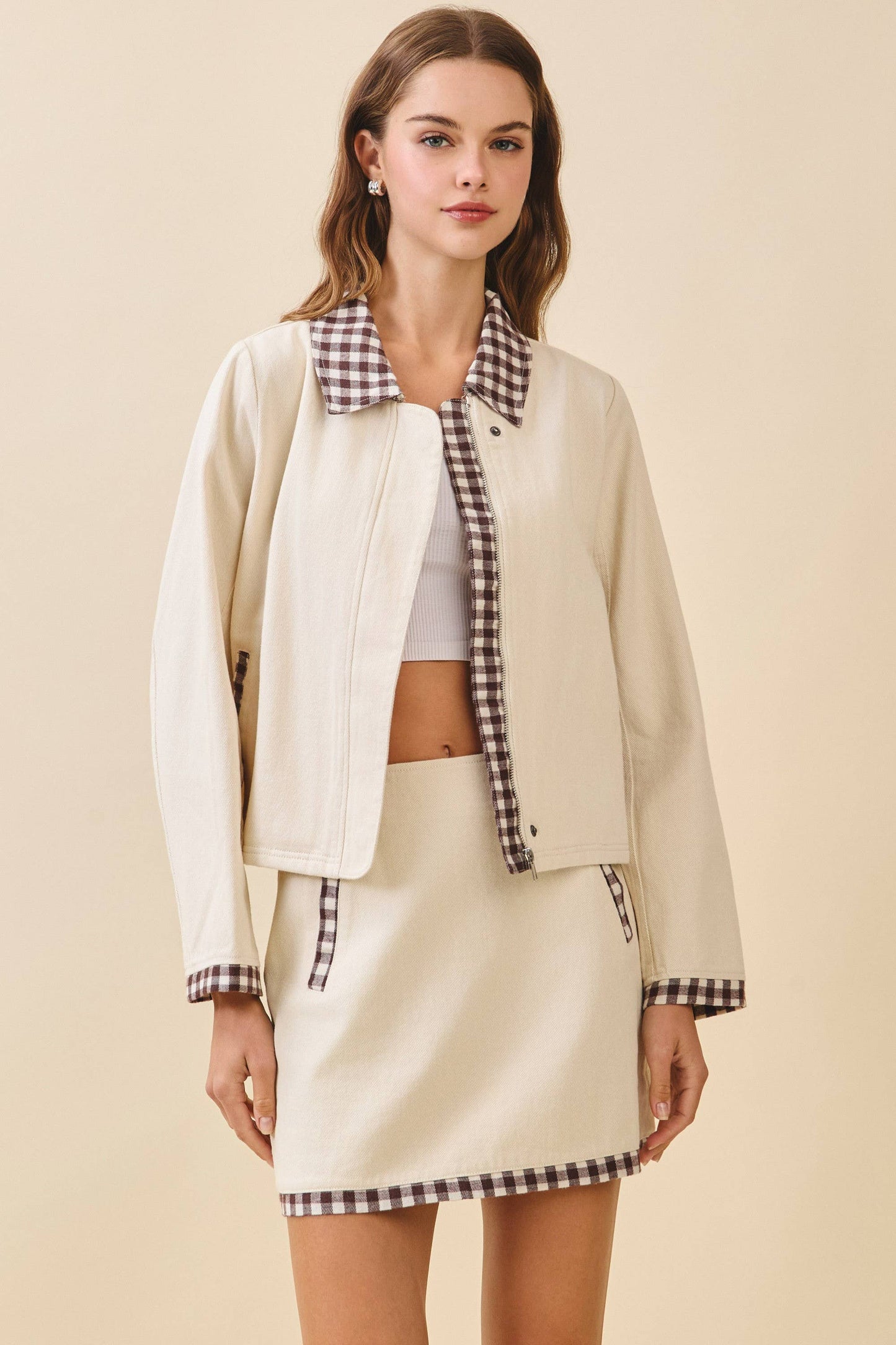 Contrast Gingham Trim Front Zipper Collared Jacket