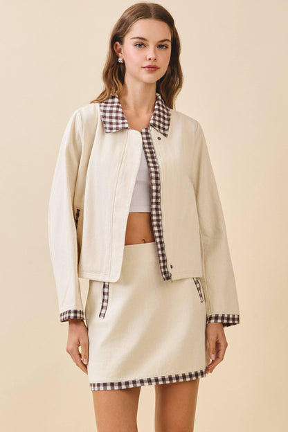 Contrast Gingham Trim Front Zipper Collared Jacket