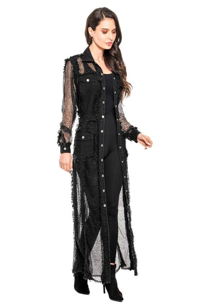 ADORE LONG DENIM JACKET WITH LACE DESIGN MIX MEDIA