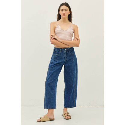 MID RISE BARREL LEG ANKLE DENIM PANTS WITH POCKETS
