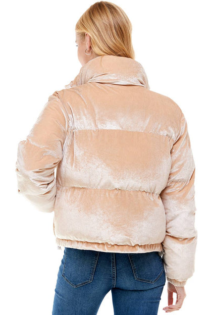 Beige Velvet Puffer Jacket