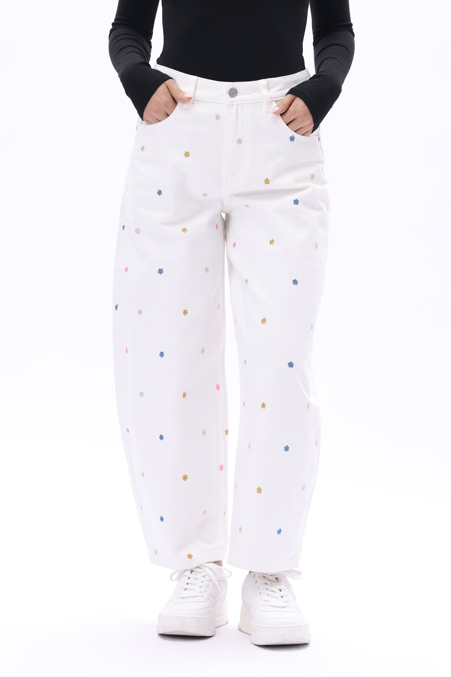 Bayeas Berlin High Rise Barrel Jeans with Multicolor Embroidery