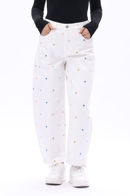 Bayeas Berlin High Rise Barrel Jeans with Multicolor Embroidery