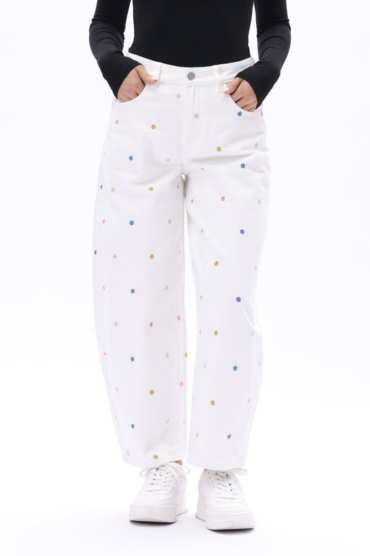 Bayeas Berlin High Rise Barrel Jeans with Multicolor Embroidery