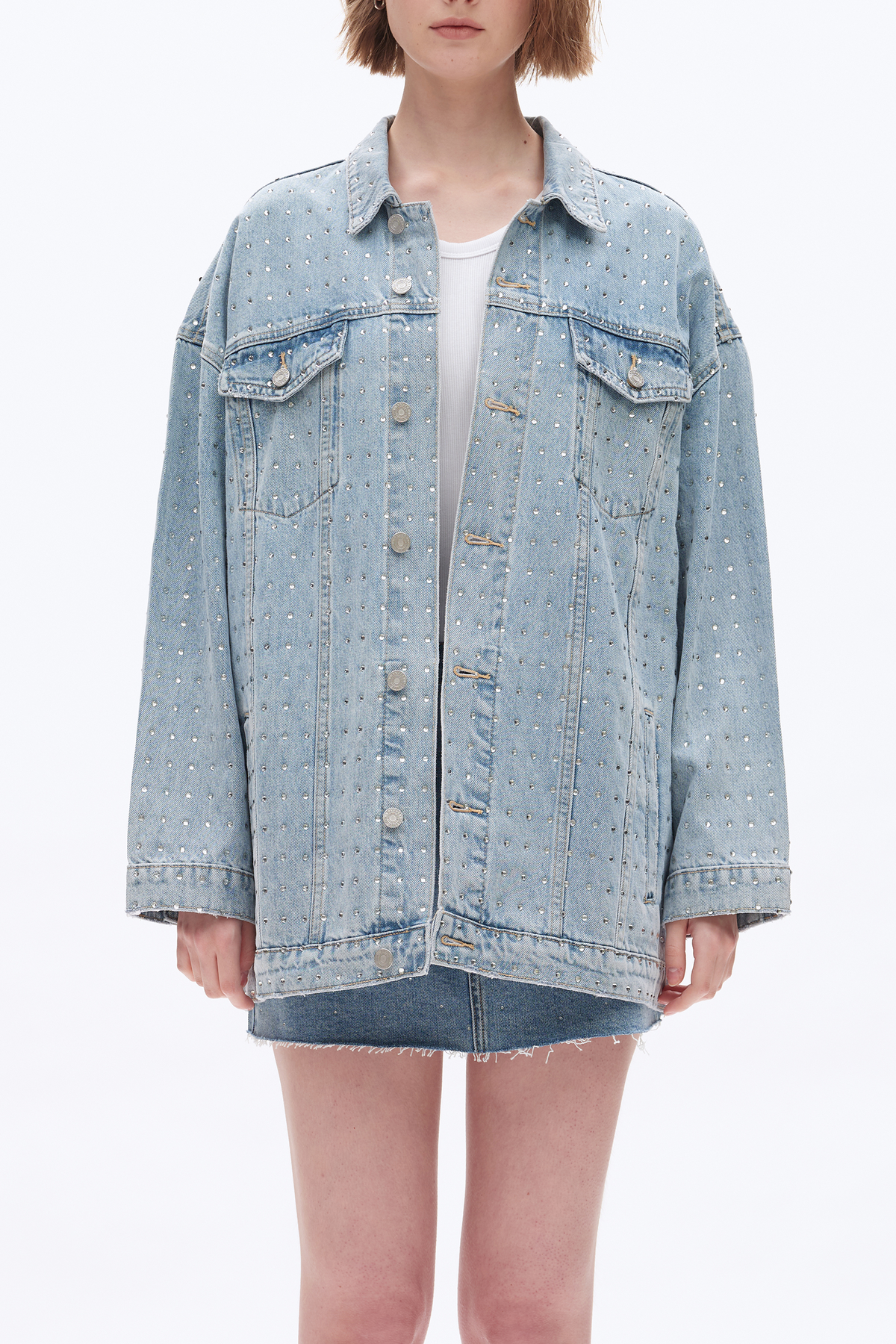 Bayeas Light Wash Embellished Long Sleeve Denim Jacket
