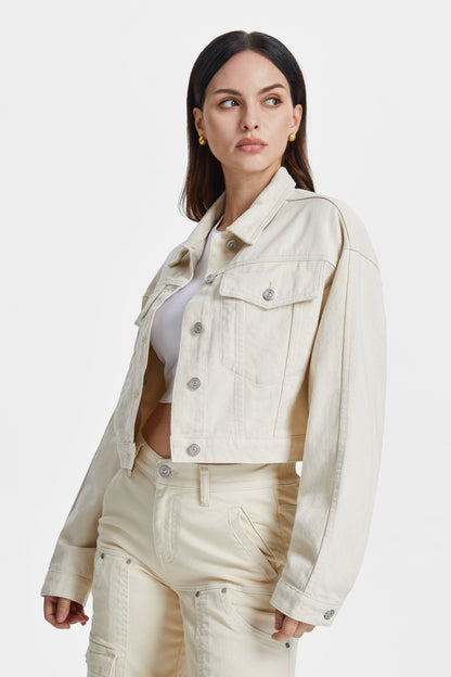 Bayeas Cropped Natural Cream Long Sleeve Denim Jacket