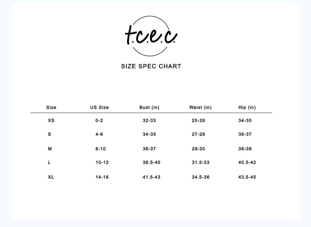 Size specification chart for clothing with t.c.e.c. branding on a white background