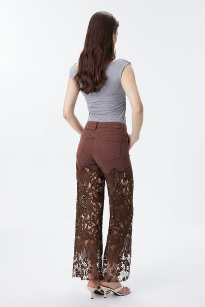 Bayeas Crystal Embellished Chocolate Lace Jeans