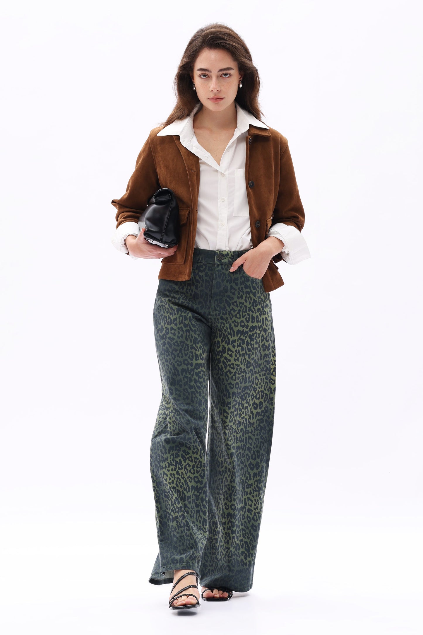 Bayeas High Rise Green Leopard Print Barrel Leg Jeans