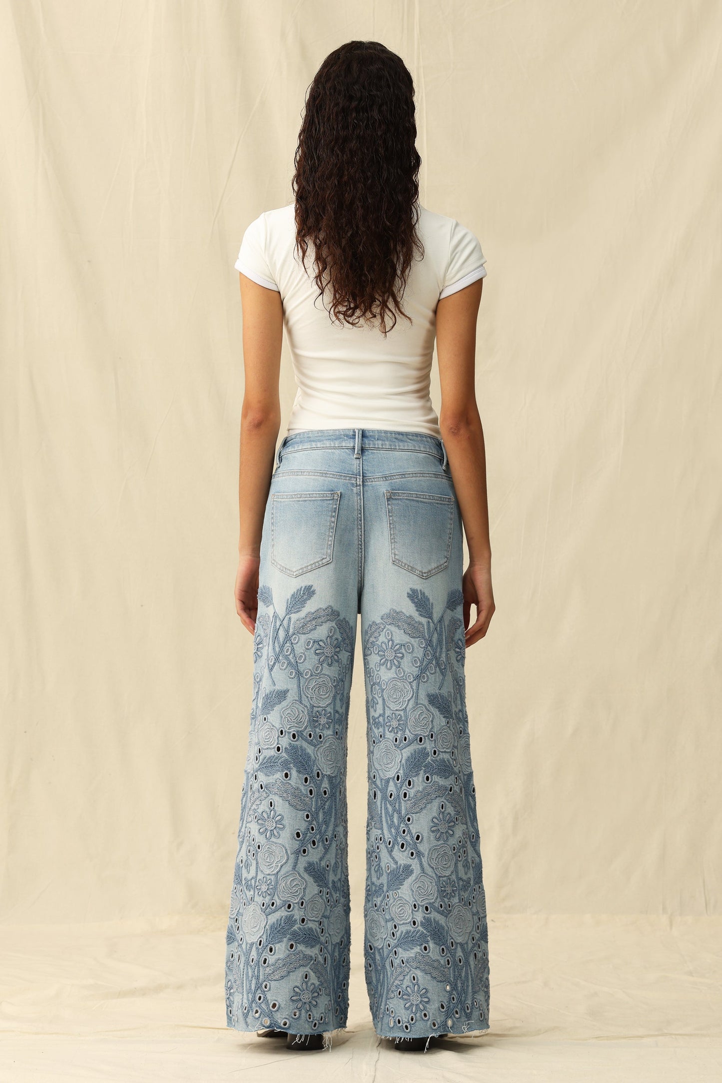 Bayeas Medium Blue High Rise Eyelet and Embroidery Wide Leg Jeans