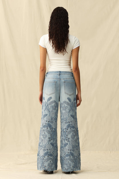 Bayeas Medium Blue High Rise Eyelet and Embroidery Wide Leg Jeans