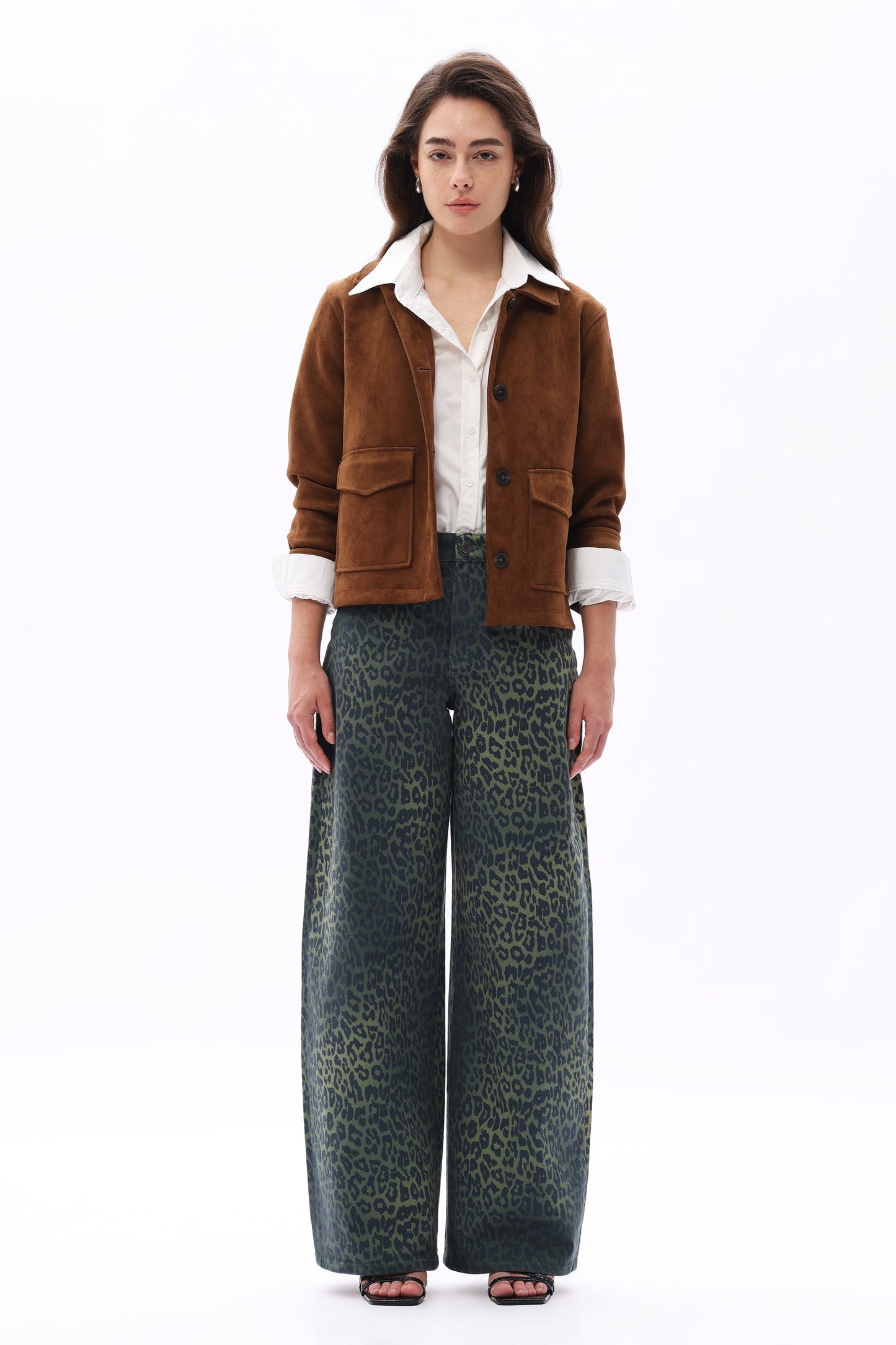 Bayeas High Rise Green Leopard Print Barrel Leg Jeans