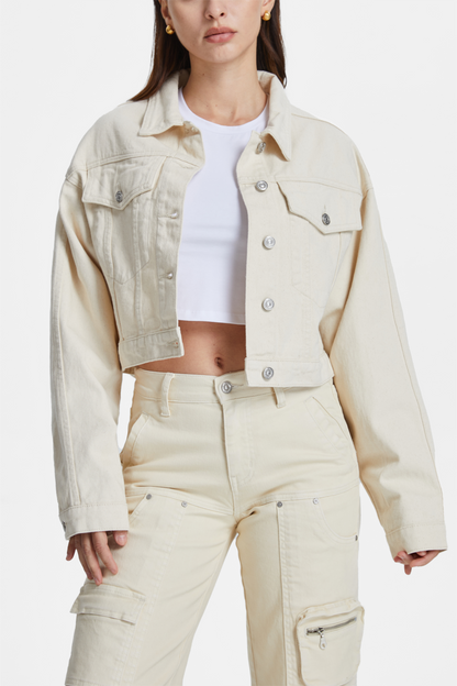 Bayeas Cropped Natural Cream Long Sleeve Denim Jacket