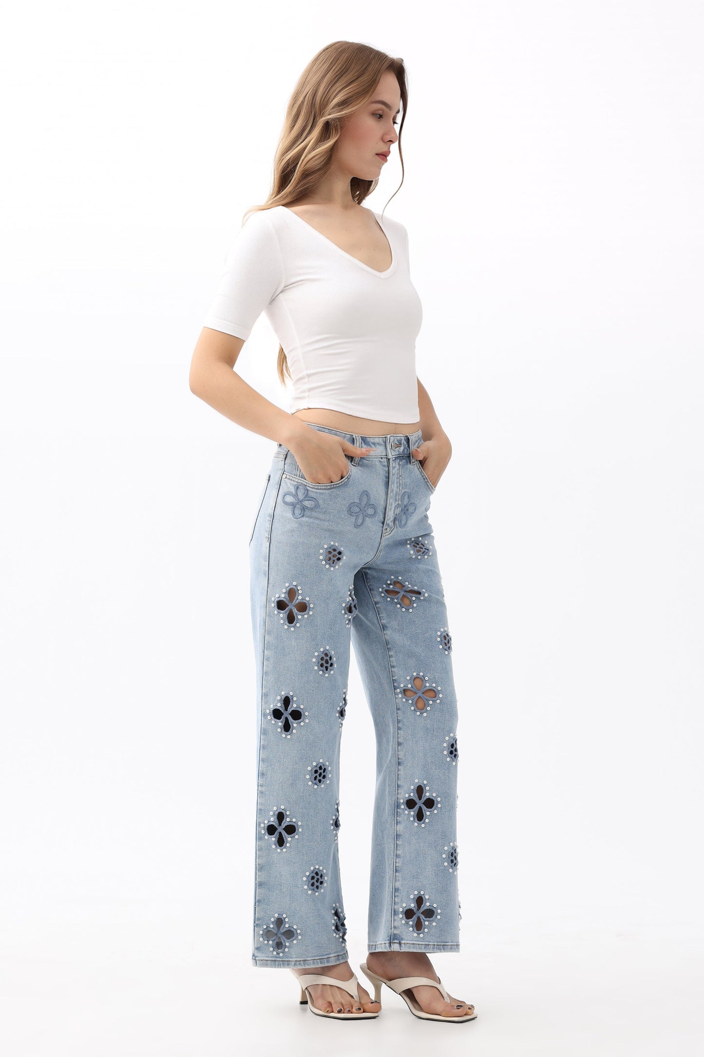 Bayeas Eyelet and Pearl Embellished High Rise Straight Jeans