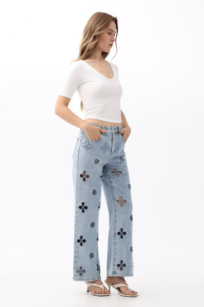 Bayeas Eyelet and Pearl Embellished High Rise Straight Jeans